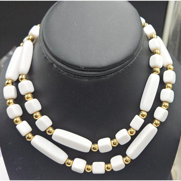 Vintage Trifari White Lucite and Gold Plated Spacer Beaded Necklace 1980s - Picture 1 of 4